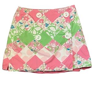 Button front mini skirt, pink/green/white, size small